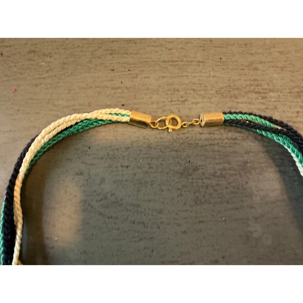 Vintage Nautical Multi Strand Braided Cord Necklace Navy Teal White Gold Tone